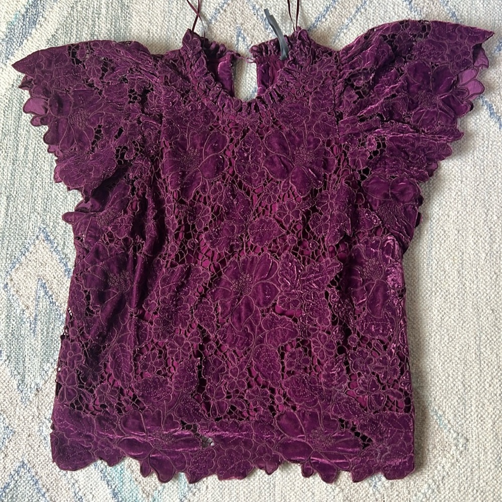 Anthropologie velvet purple top with floral cutouts size small
